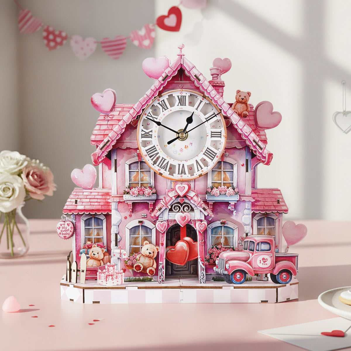 Sweet House 3D Wooden Puzzle Clock, Gift for Valentine's Day, Home Decor