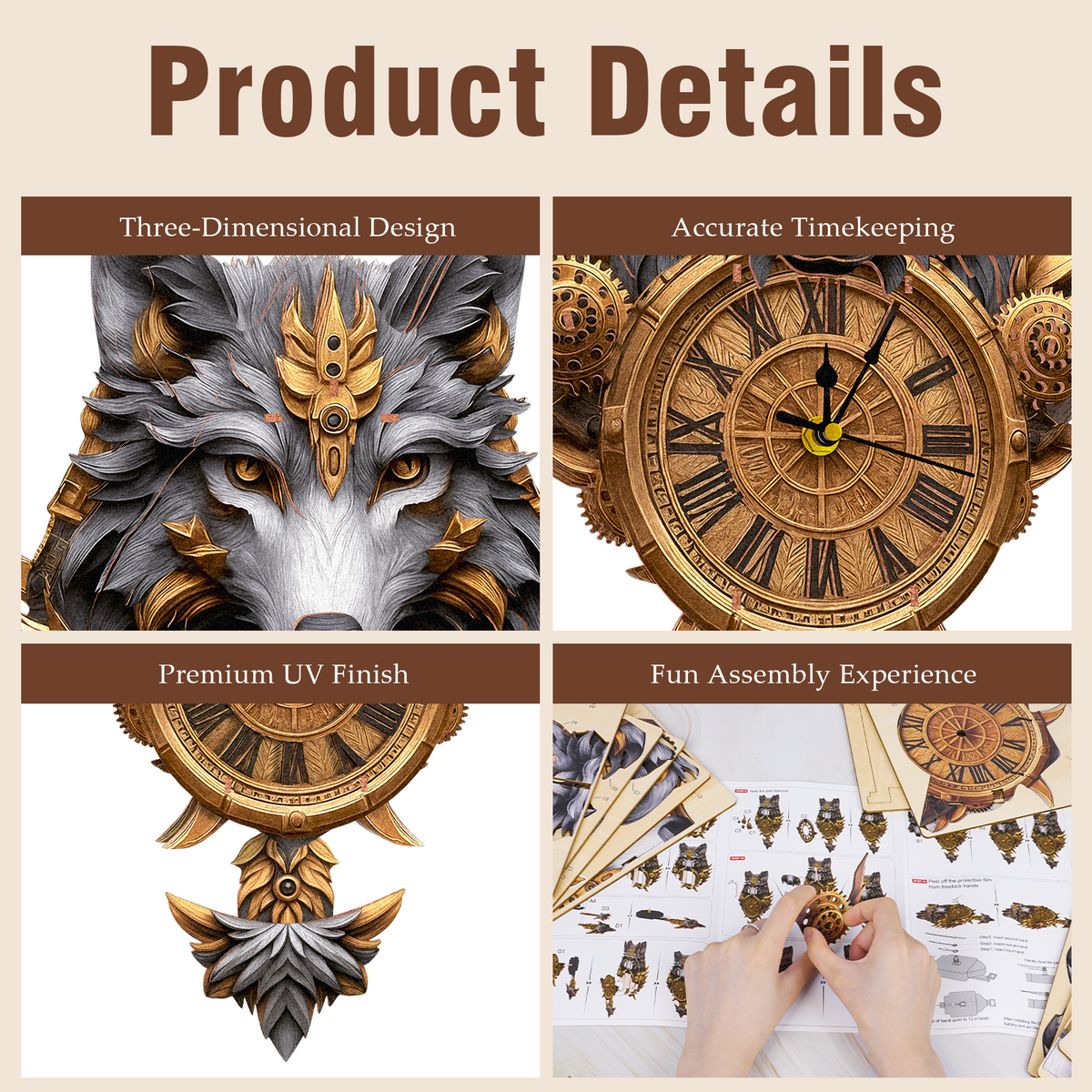 Wolf Totem 3D Wooden Puzzle Clock, Gift for DIY Lovers, Home Decor