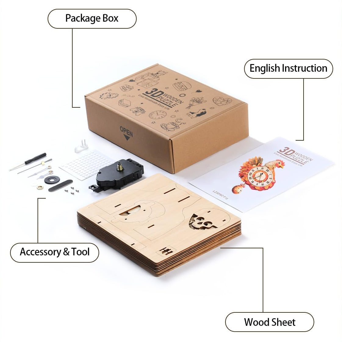 Cluck & Tick Hen 3D Wooden Puzzle Clock, Gift for DIY Lovers, Home Decor