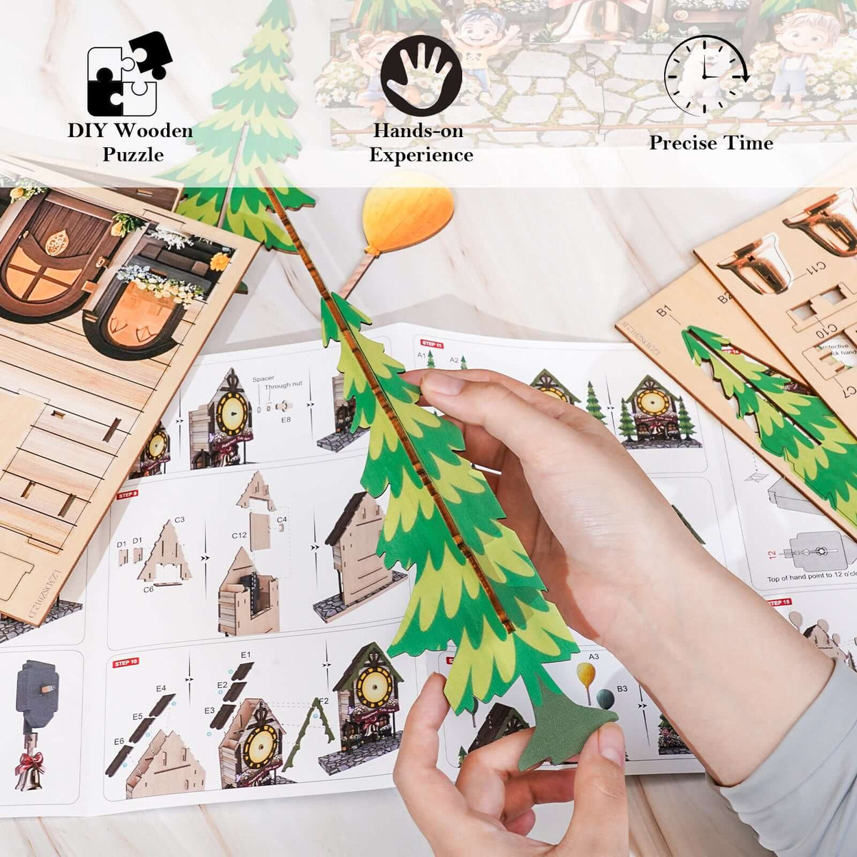 Balloon House 3D Wooden Puzzle Clock, Gift for DIY Lovers, Home Decor