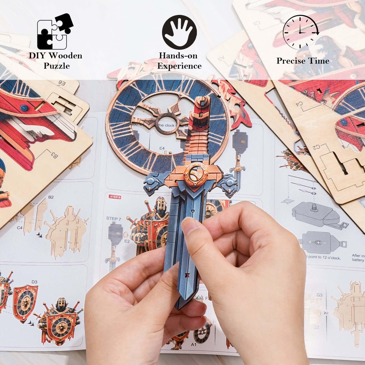 Fearless Knight 3D Wooden Puzzle Clock, Gift for DIY Lovers, Home Decor