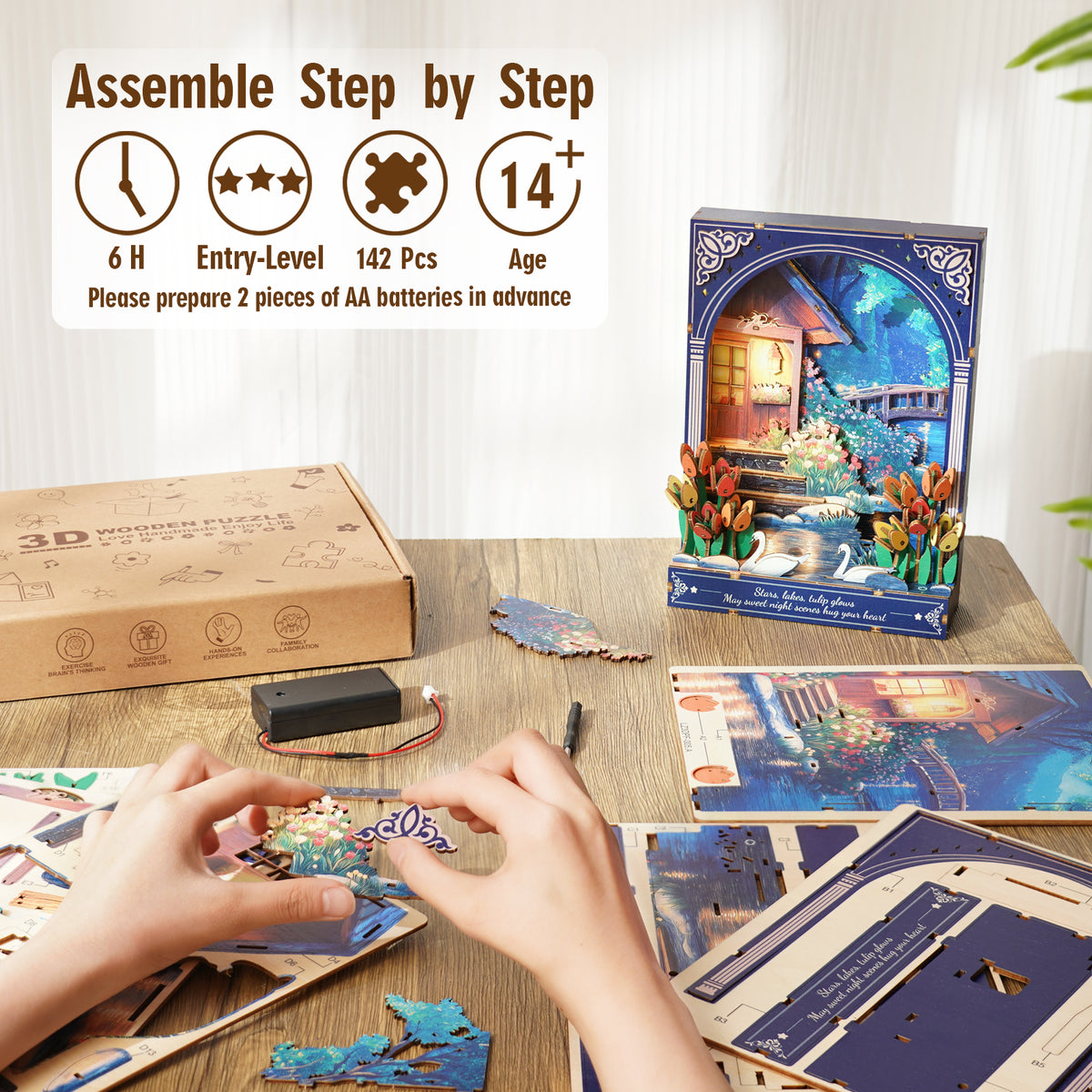 Swan Lake Serenade 3D Wooden Puzzle Painting, DIY Wall Art Craft Kit with Light