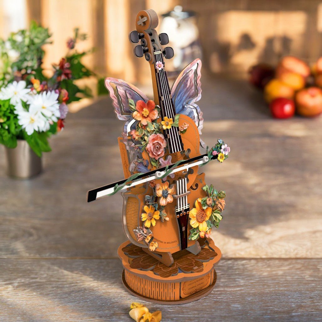 Floral Cello Mechanical DIY Kit, 3D Wooden Music Box