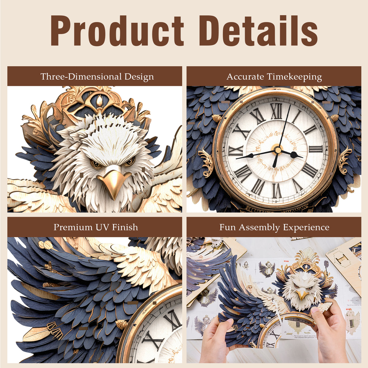 Majestic Eagle 3D Wooden Puzzle Clock, Gift for DIY Lovers, Home Decor