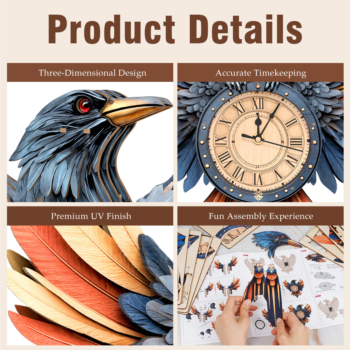 Raven DIY 3D Wooden Puzzle Clock, Gift for DIY Lovers, Home Decor