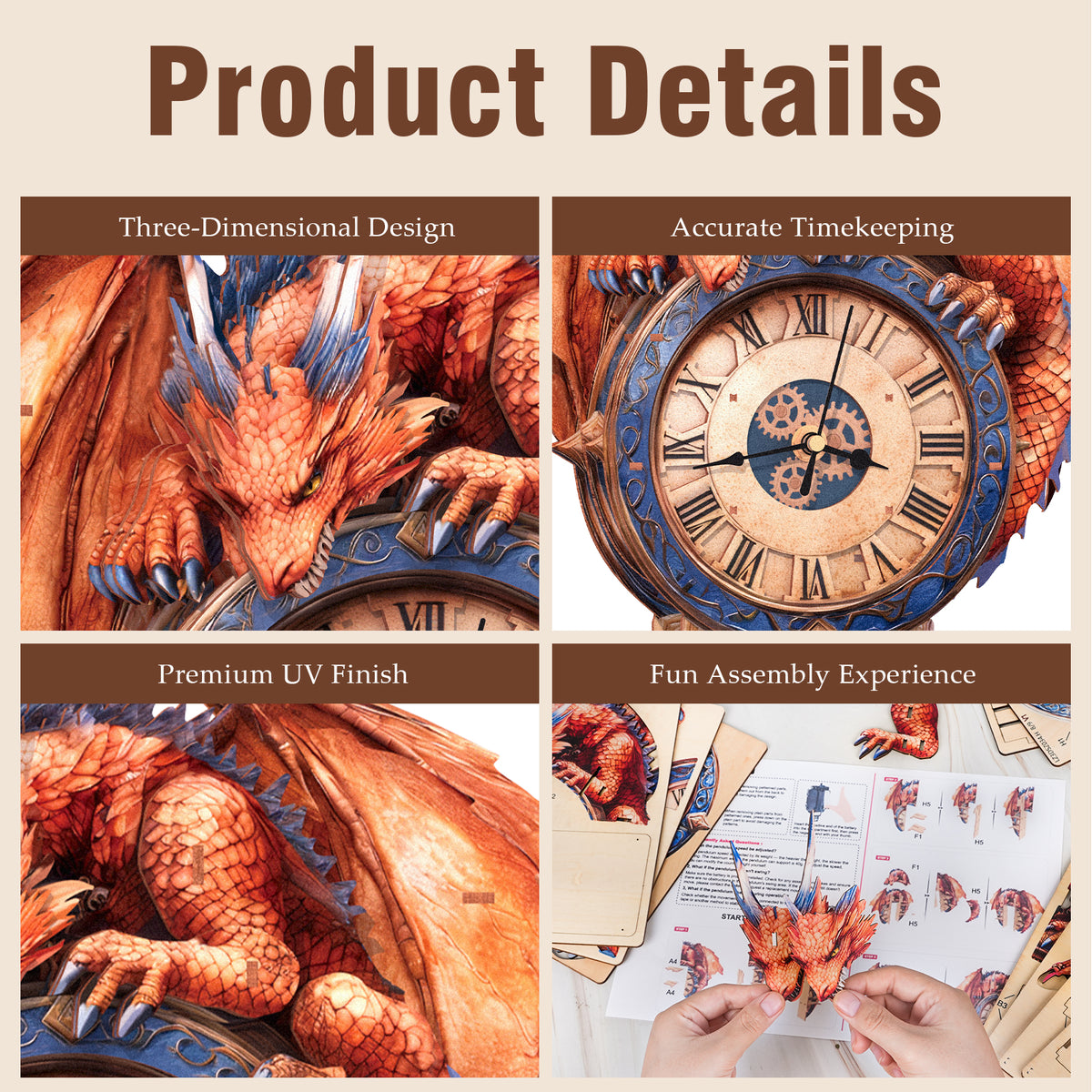 Emberclaw Guardian 3D Wooden Puzzle Clock, Gift for DIY Lovers, Home Decor