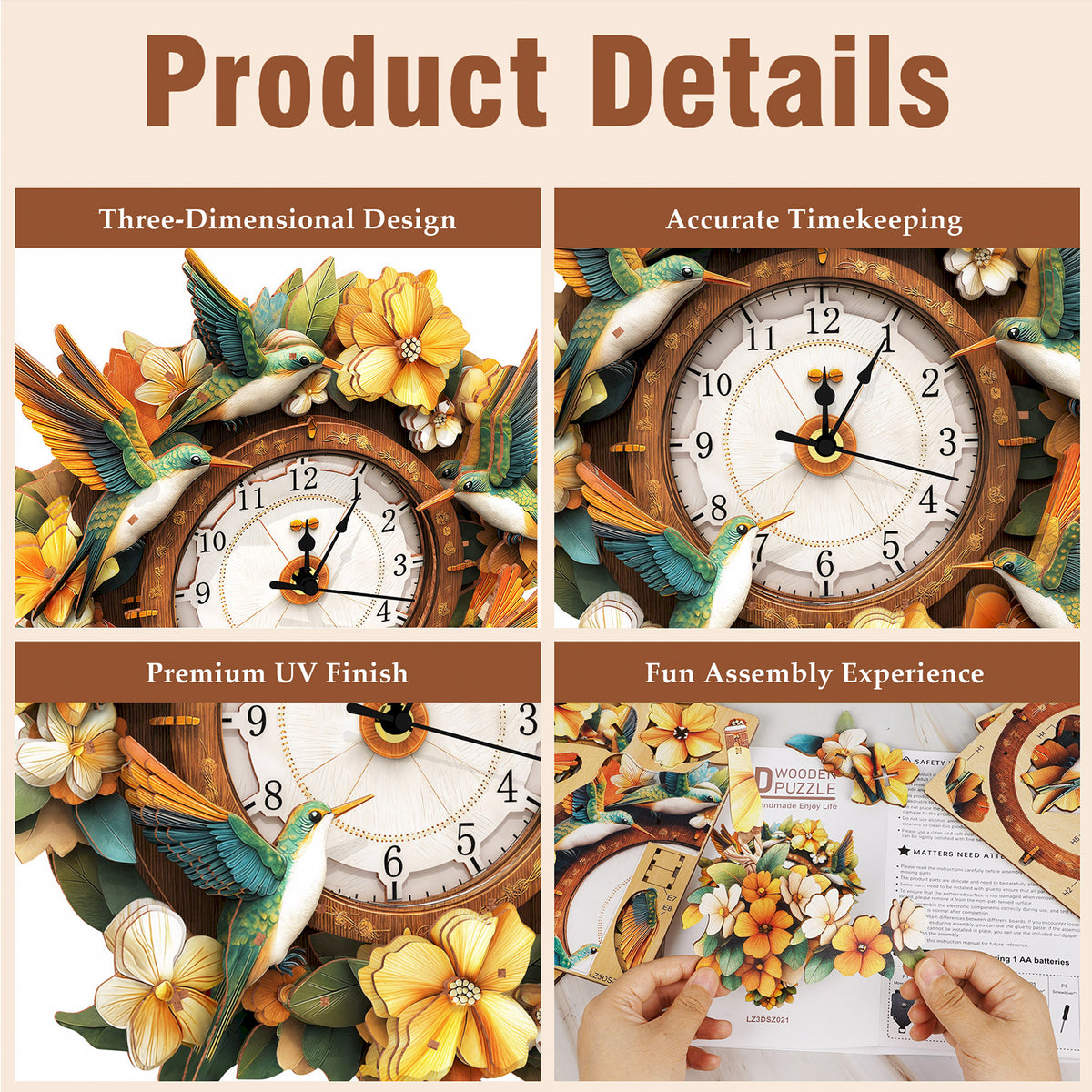 Garden Wingbeats 3D Wooden Puzzle Clock, Gift for DIY Lovers, Home Decor