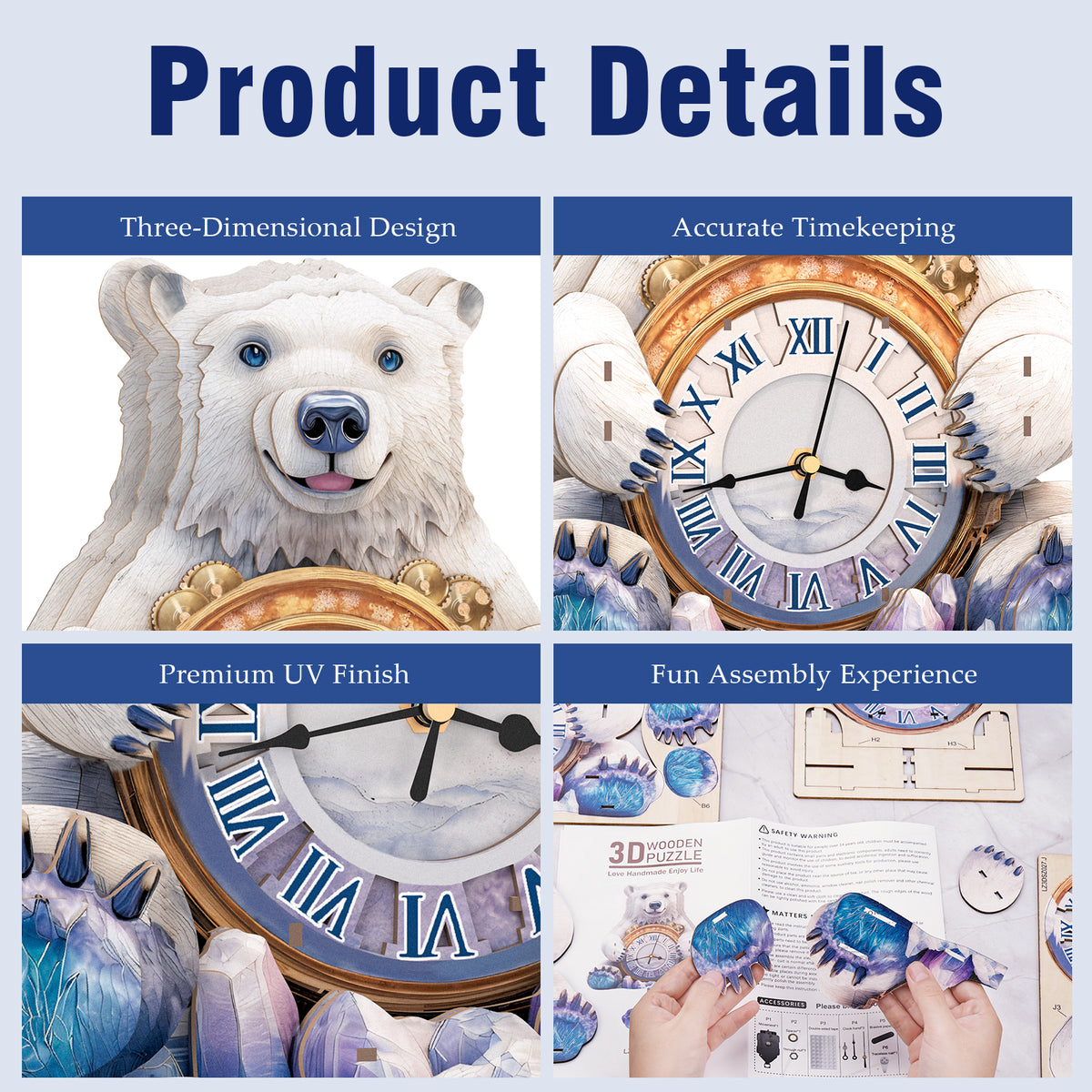 Polar Bear 3D Wooden Puzzle Clock, Gift for DIY Lovers, Home Decor