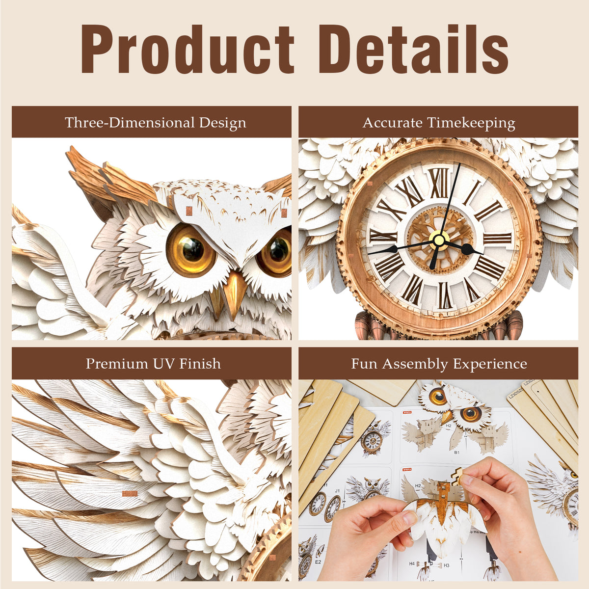 Snowy Owl 3D Wooden Puzzle Clock, Gift for DIY Lovers, Home Decor