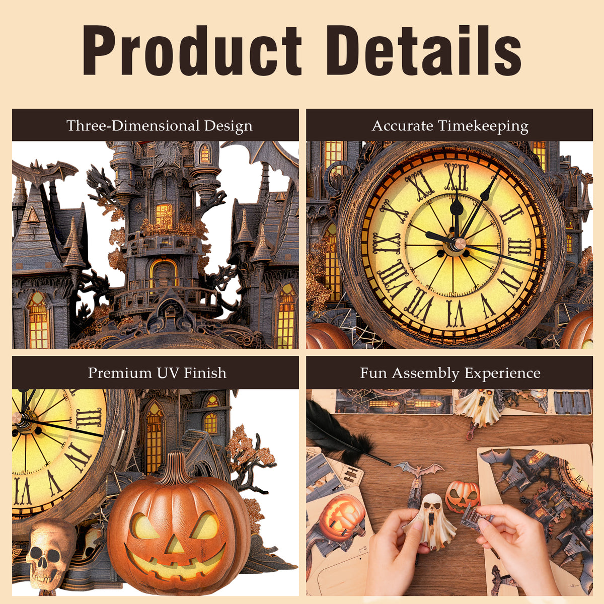 Spooky Castle 3D Wooden Puzzle Clock, Gift for DIY Lovers, Home Decor