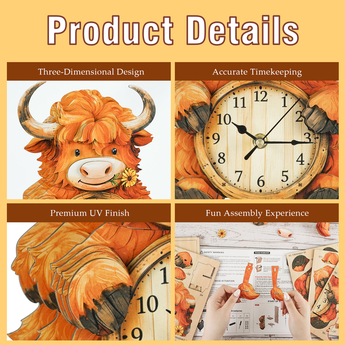 Plateau Yak 3D Wooden Puzzle Clock, Gift for DIY Lovers, Home Decor