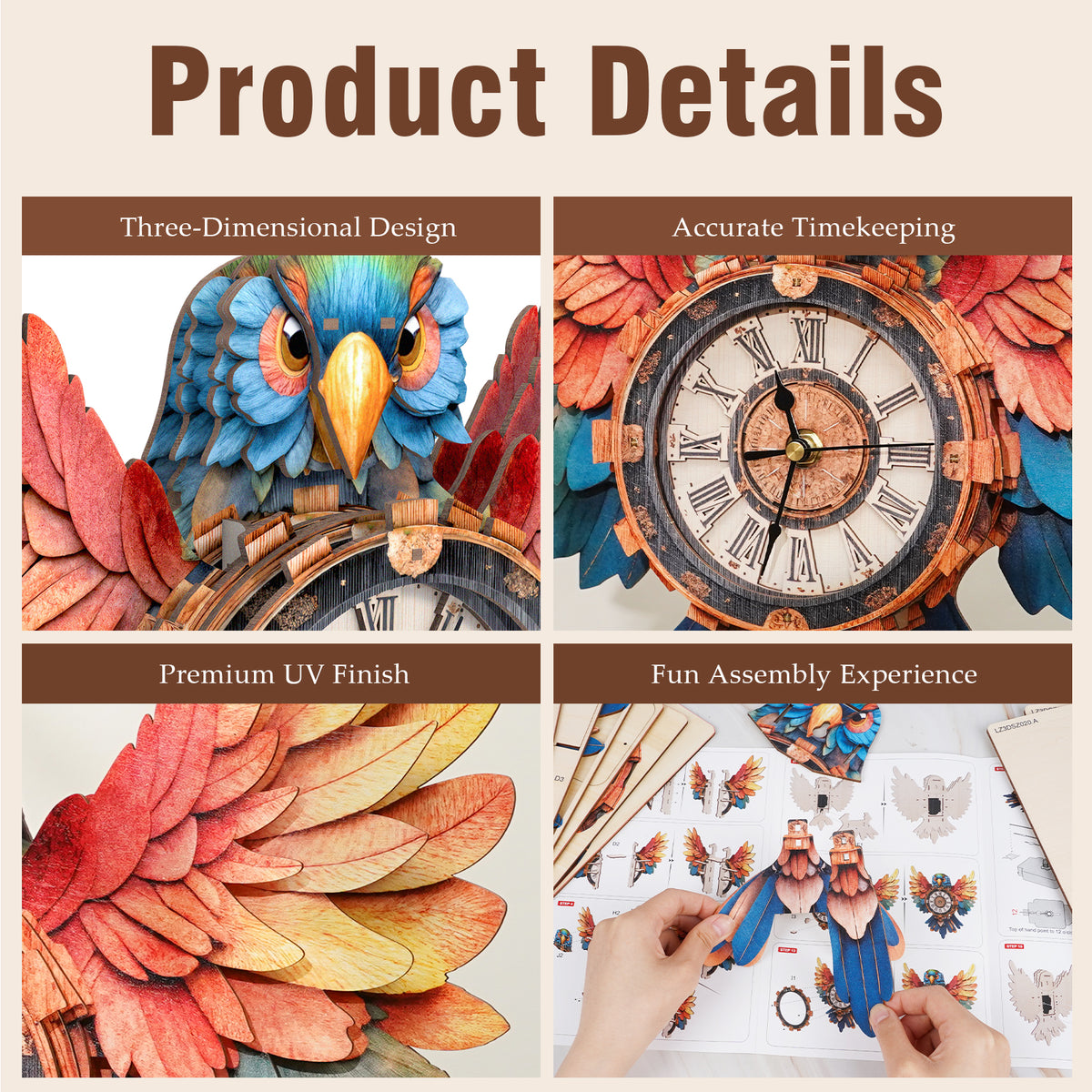 Colorful Parrot 3D Wooden Puzzle Clock, Gift for DIY Lovers, Home Decor