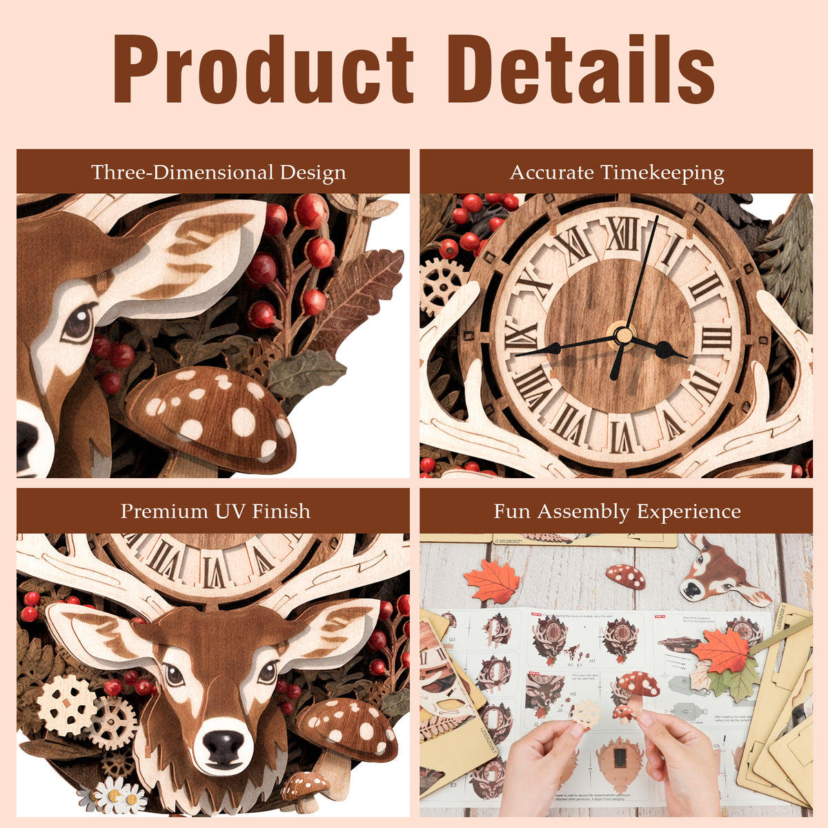 Reindeer 3D Wooden Puzzle Clock, Gift for DIY Lovers, Home Decor