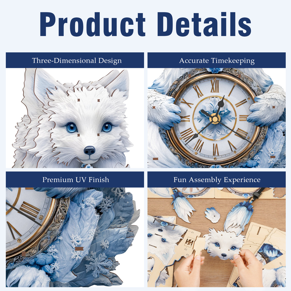Arctic Fox 3D Wooden Puzzle Clock, Gift for DIY Lovers, Home Decor