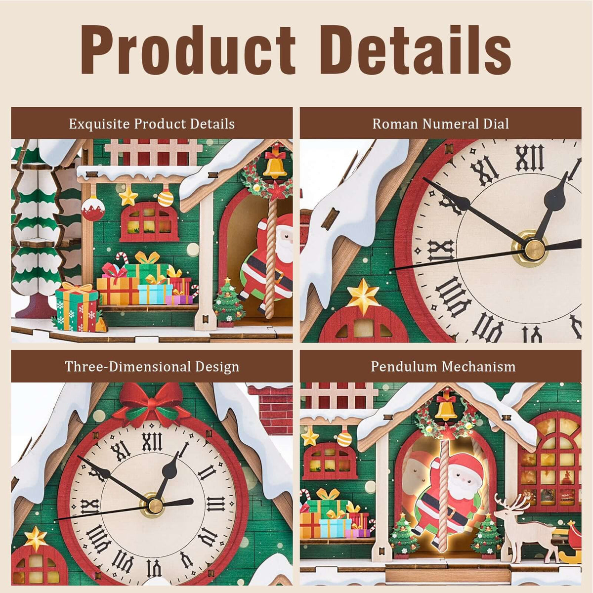 Happy Christmas 3D Wooden Puzzle Clock, Gift  for DIY Lovers, Home Decor