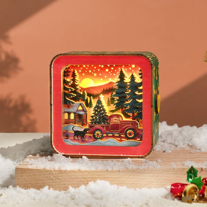 Ready for Christmas - 3D Wooden Puzzle Night Light featuring a vintage truck and snowy village scene.