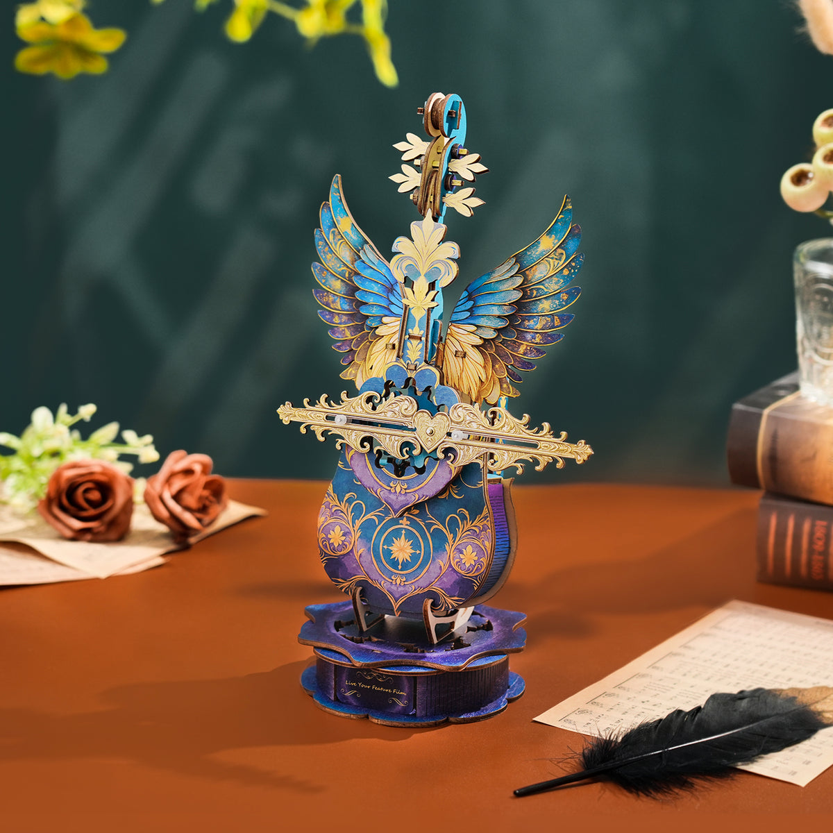 Blue Feather Cello Mechanical DlY Kit, 3D Wooden Music Box