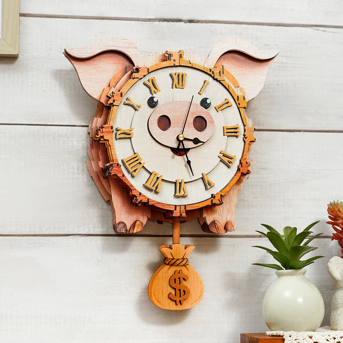 Cute Piggy 3D Wooden Puzzle Clock, Gift  for DIY Lovers, Home Decor