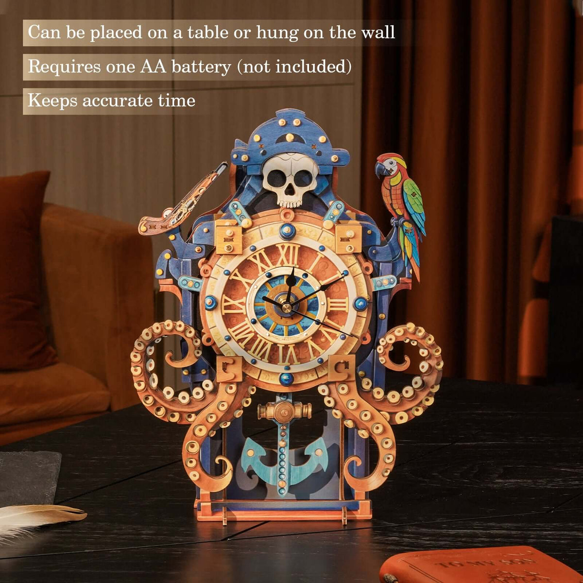 Skull Captain's Phantom Voyage 3D Wooden Puzzle Clock, Gift  for DIY Lovers, Home Decor