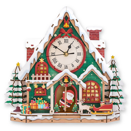 Happy Christmas 3D Wooden Puzzle Clock kit featuring a snowy house, Santa, and festive decorations.