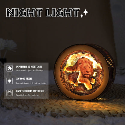 Mother Lion & Cubs - 3D Wooden Puzzle Night Light