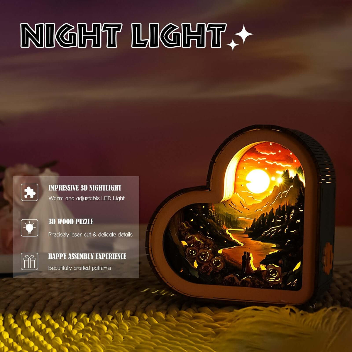 Roses and Lovers - 3D Wooden Puzzle Night Light