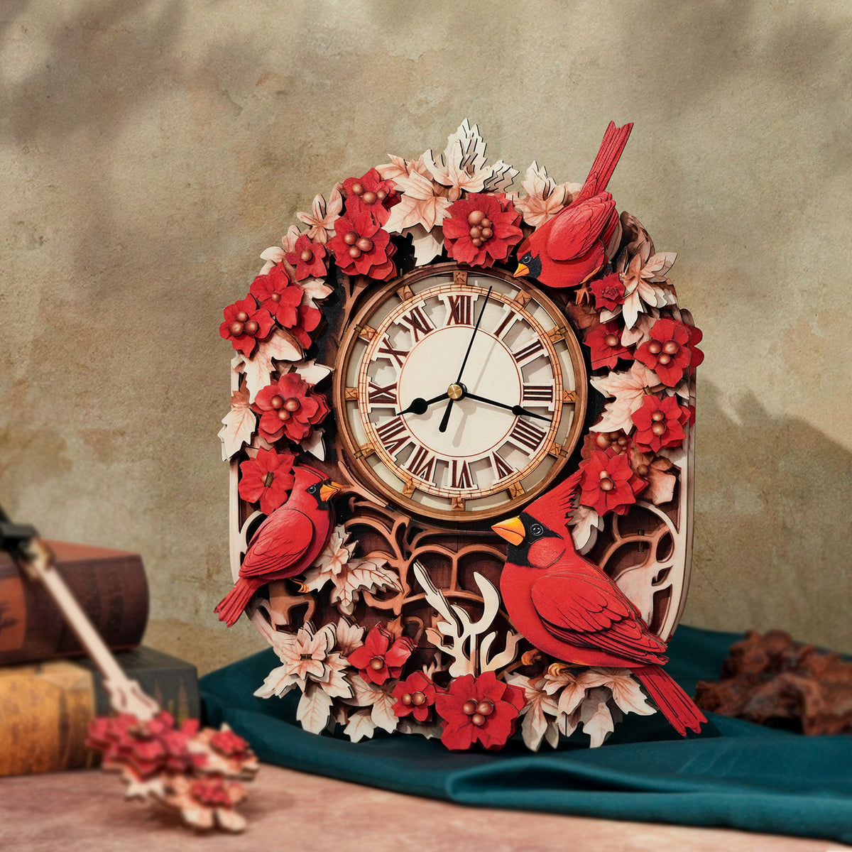 Cardinal Bird 3D Wooden Puzzle Clock, Gift  for DIY Lovers, Home Decor
