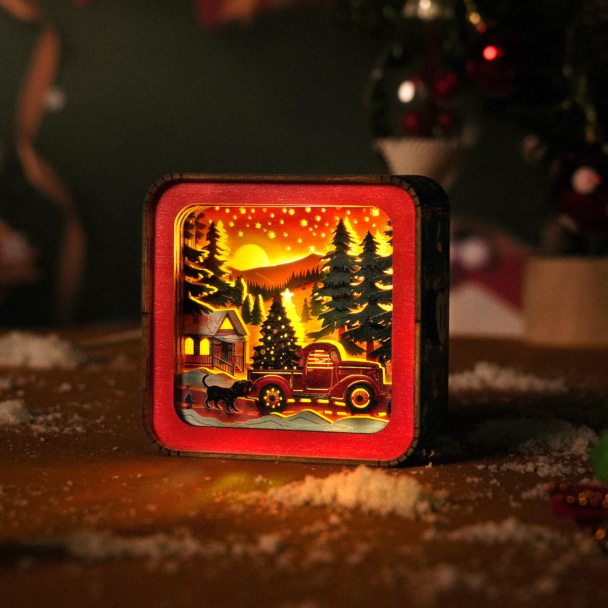 Ready for Christmas - 3D Wooden Puzzle Night Light showcasing a vintage truck with a Christmas tree in a snowy village.