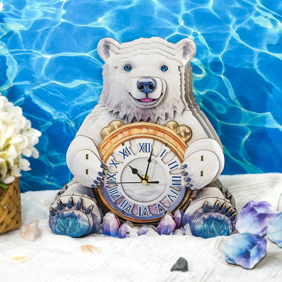 Polar Bear 3D Wooden Puzzle Clock, Gift  for DIY Lovers, Home Decor