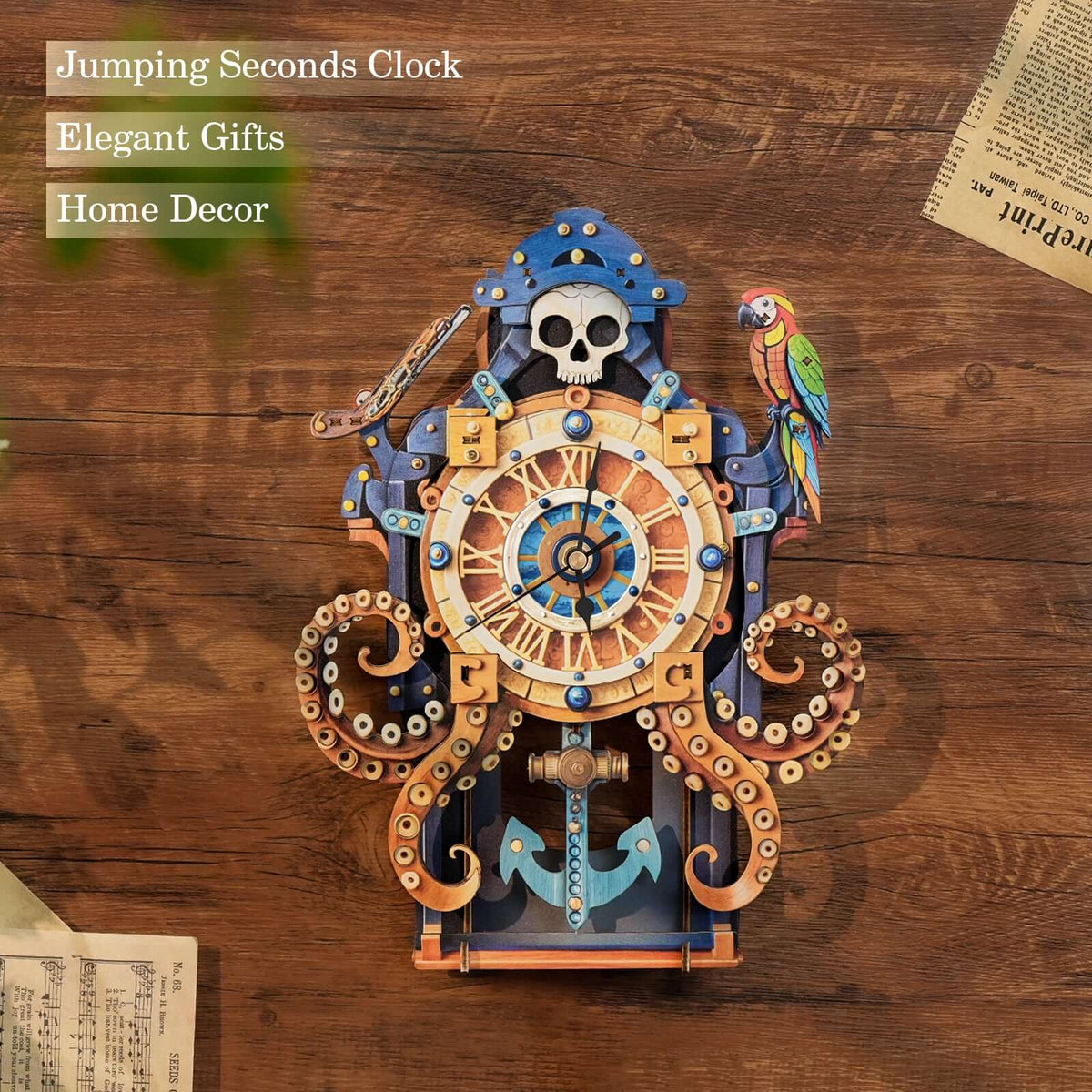 Skull Captain's Phantom Voyage 3D Wooden Puzzle Clock, Gift  for DIY Lovers, Home Decor