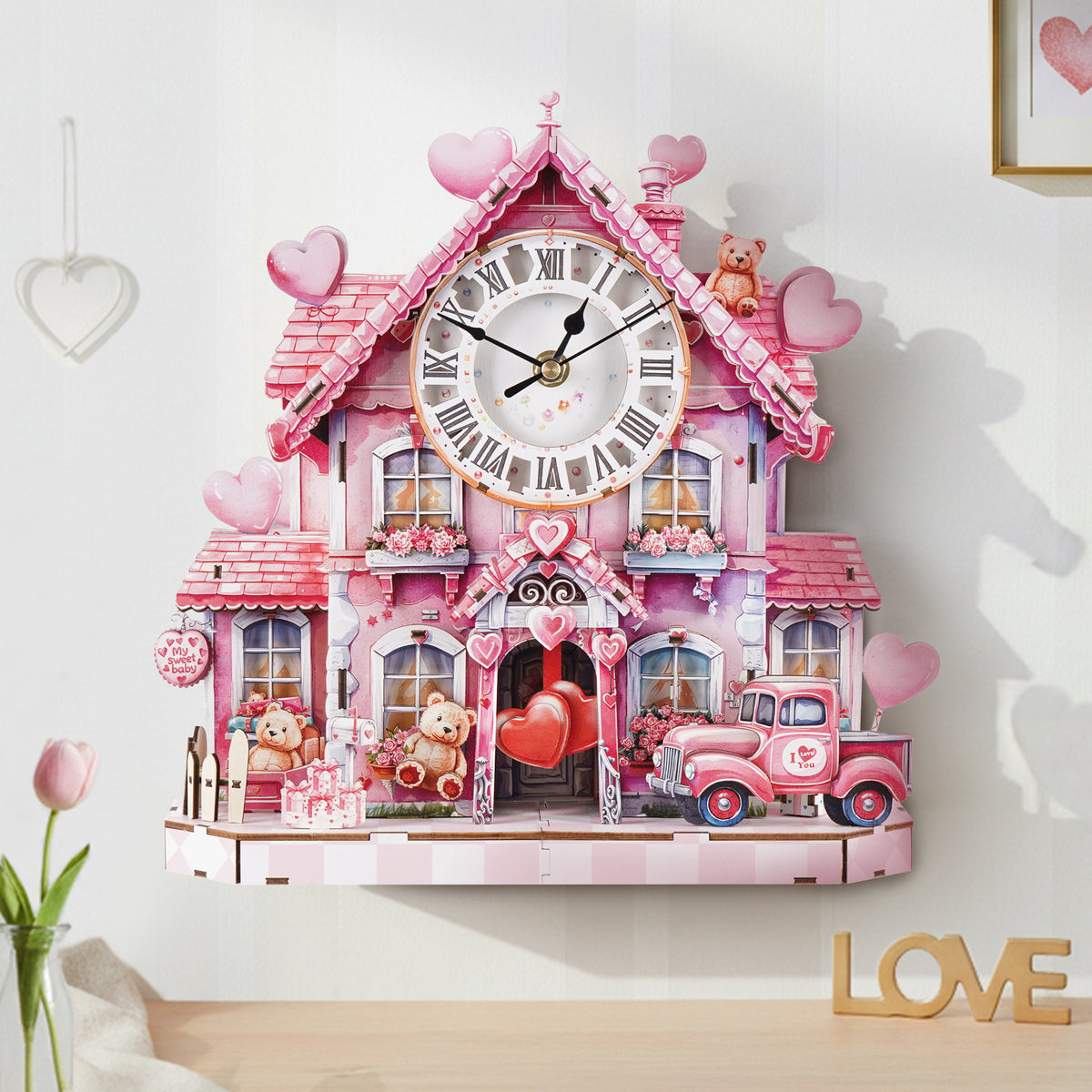 Sweet House 3D Wooden Puzzle Clock, Gift  for Valentine's Day, Home Decor