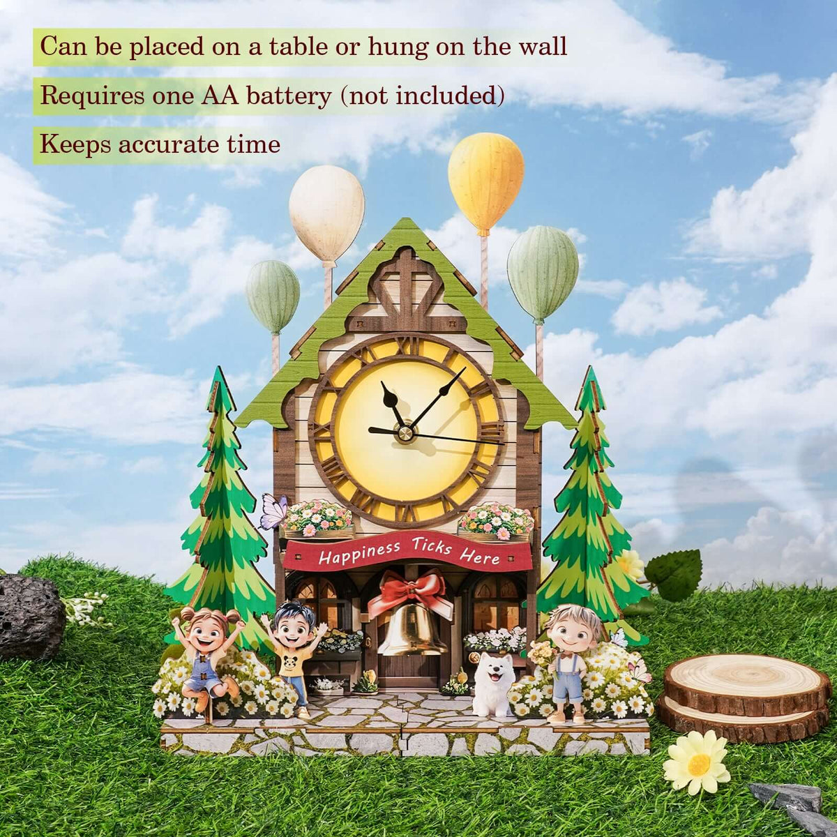 Balloon House 3D Wooden Puzzle Clock, Gift  for DIY Lovers, Home Decor