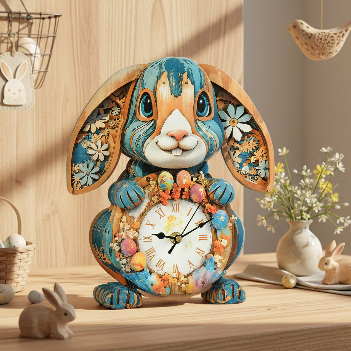 Easter Bunny 3D Wooden Puzzle Clock, Gift  for DIY Lovers, Home Decor