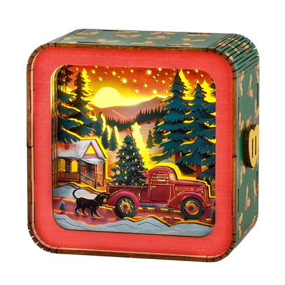 Ready for Christmas - 3D Wooden Puzzle Night Light showcasing a vintage truck, Christmas tree, and snowy village scene.