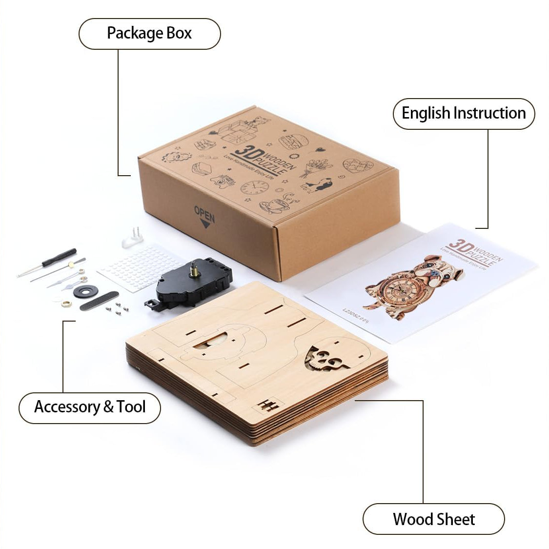 Bulldog 3D Wooden Puzzle Clock, Gift  for DIY Lovers, Home Decor