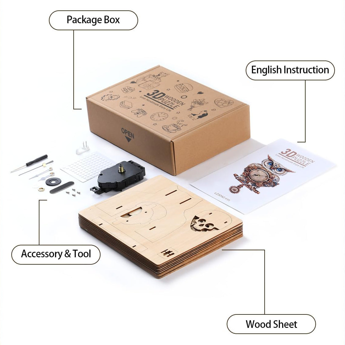 Mechanical Owl 3D Wooden Puzzle Clock, Gift  for DIY Lovers, Home Decor