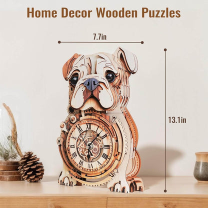 Bulldog 3D Wooden Puzzle Clock, Gift  for DIY Lovers, Home Decor