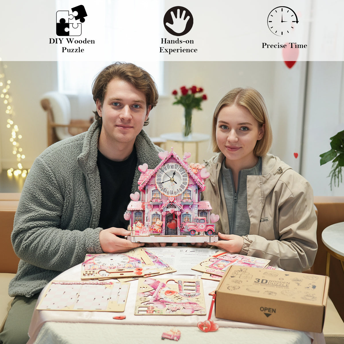 Sweet House 3D Wooden Puzzle Clock, Gift  for Valentine's Day, Home Decor