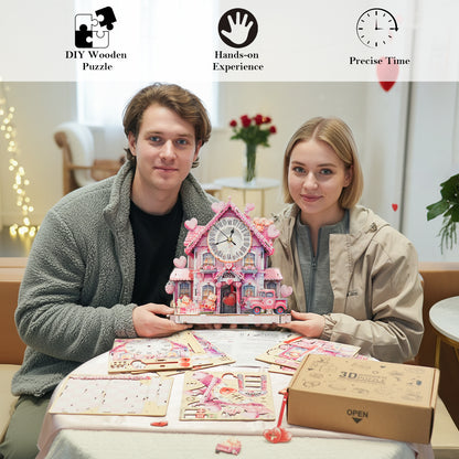 Sweet House 3D Wooden Puzzle Clock, Gift  for Valentine's Day, Home Decor