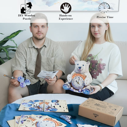 Polar Bear 3D Wooden Puzzle Clock, Gift  for DIY Lovers, Home Decor