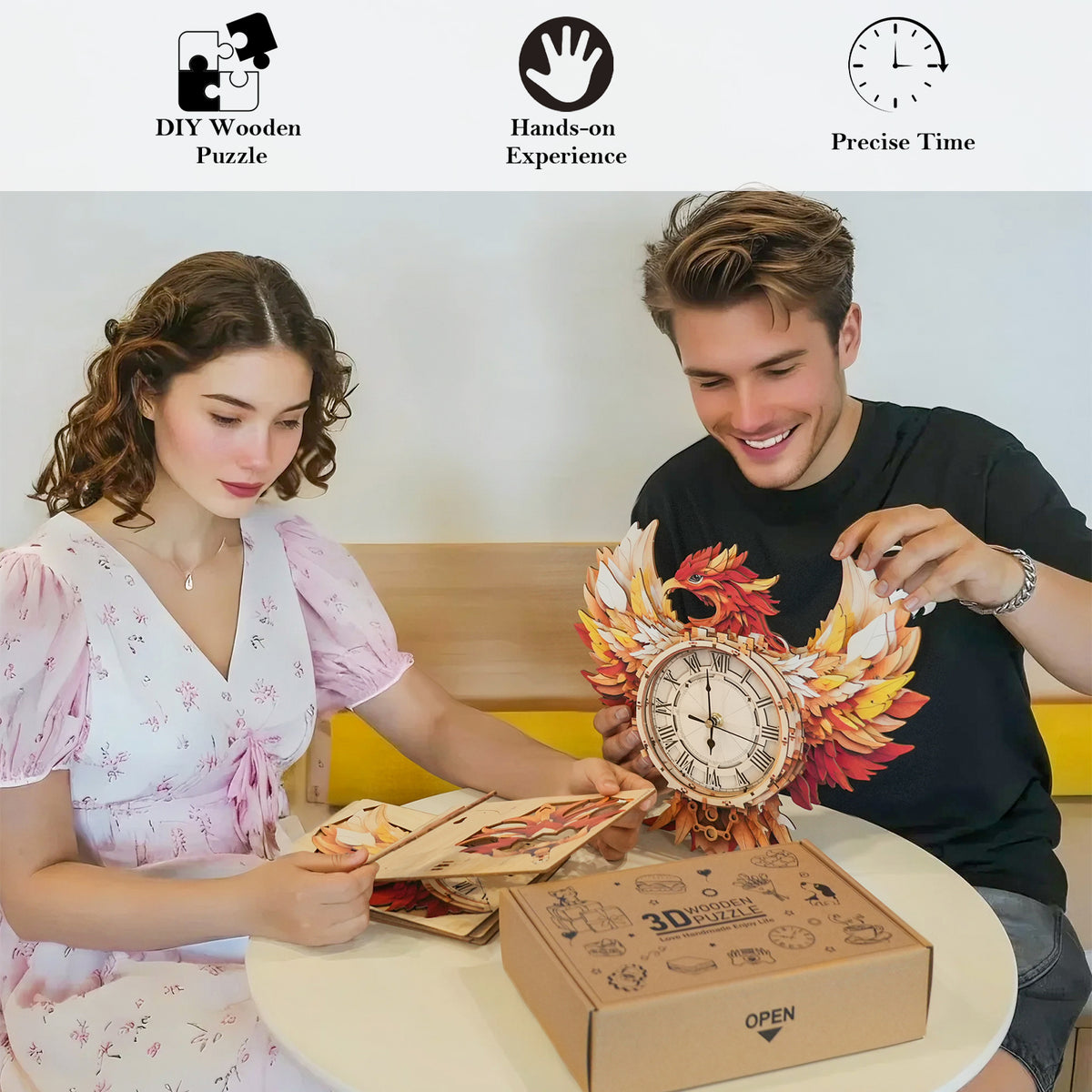 Elegant Phoenix 3D Wooden Puzzle Clock, Gift  for DIY Lovers, Home Decor