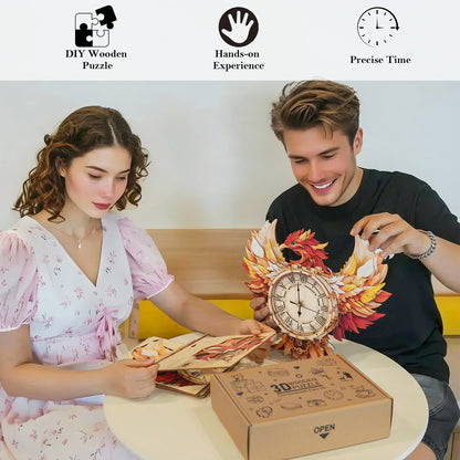 Elegant Phoenix 3D Wooden Puzzle Clock, Gift  for DIY Lovers, Home Decor