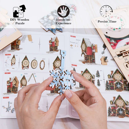 Warm Christmas 3D Wooden Puzzle Clock, Gift  for DIY Lovers, Home Decor