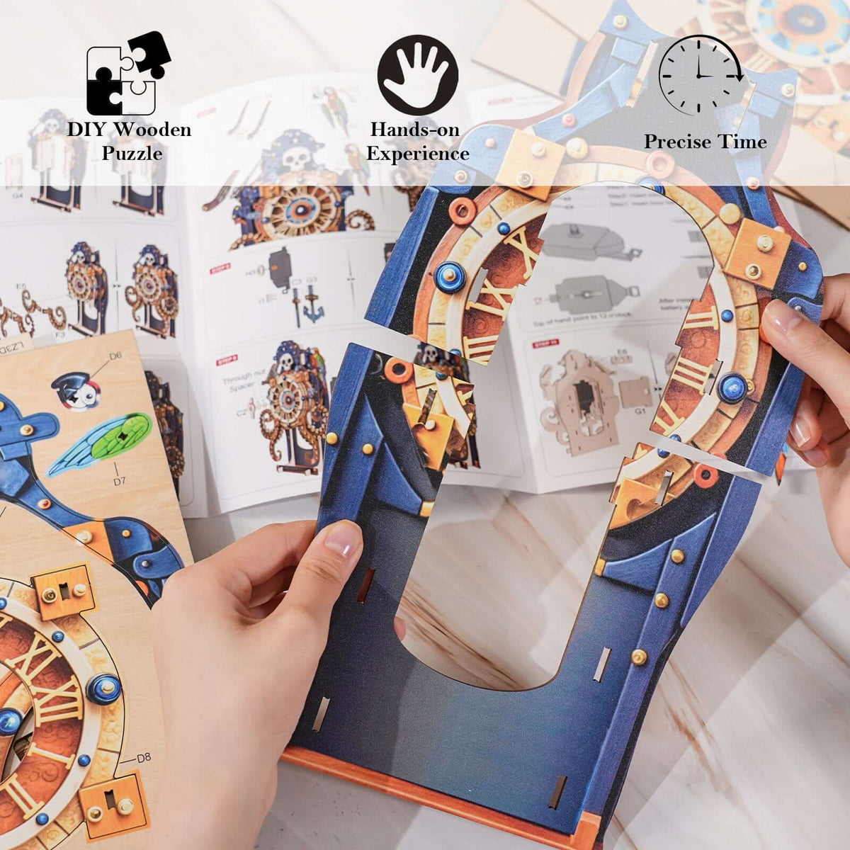 Skull Captain's Phantom Voyage 3D Wooden Puzzle Clock, Gift  for DIY Lovers, Home Decor