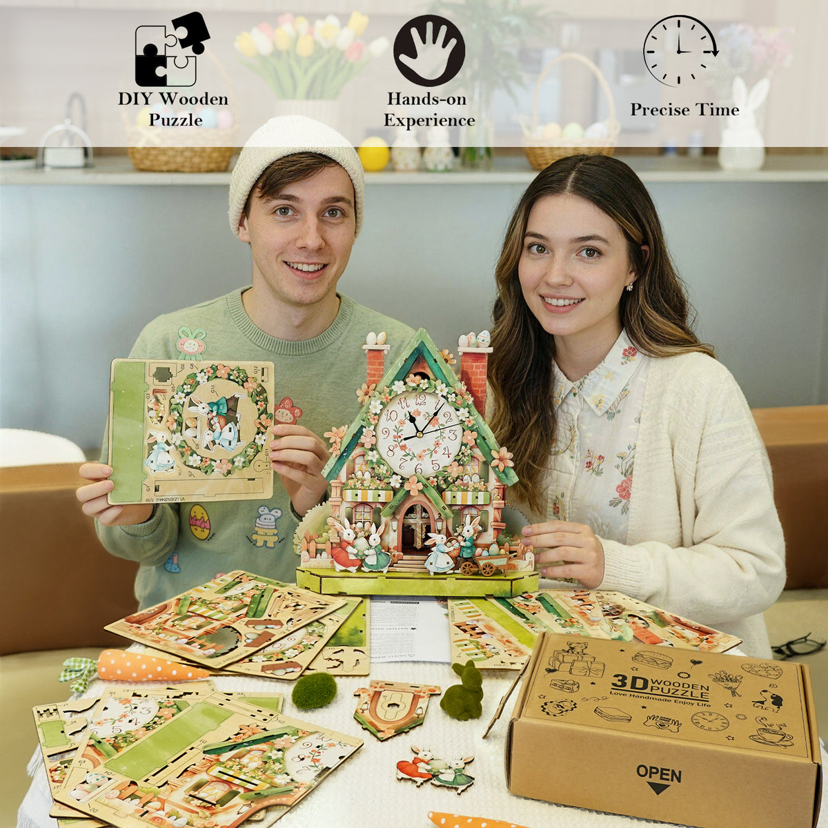 Egg Cabin 3D Wooden Puzzle Clock, Gift for DIY Lovers, Home Decor
