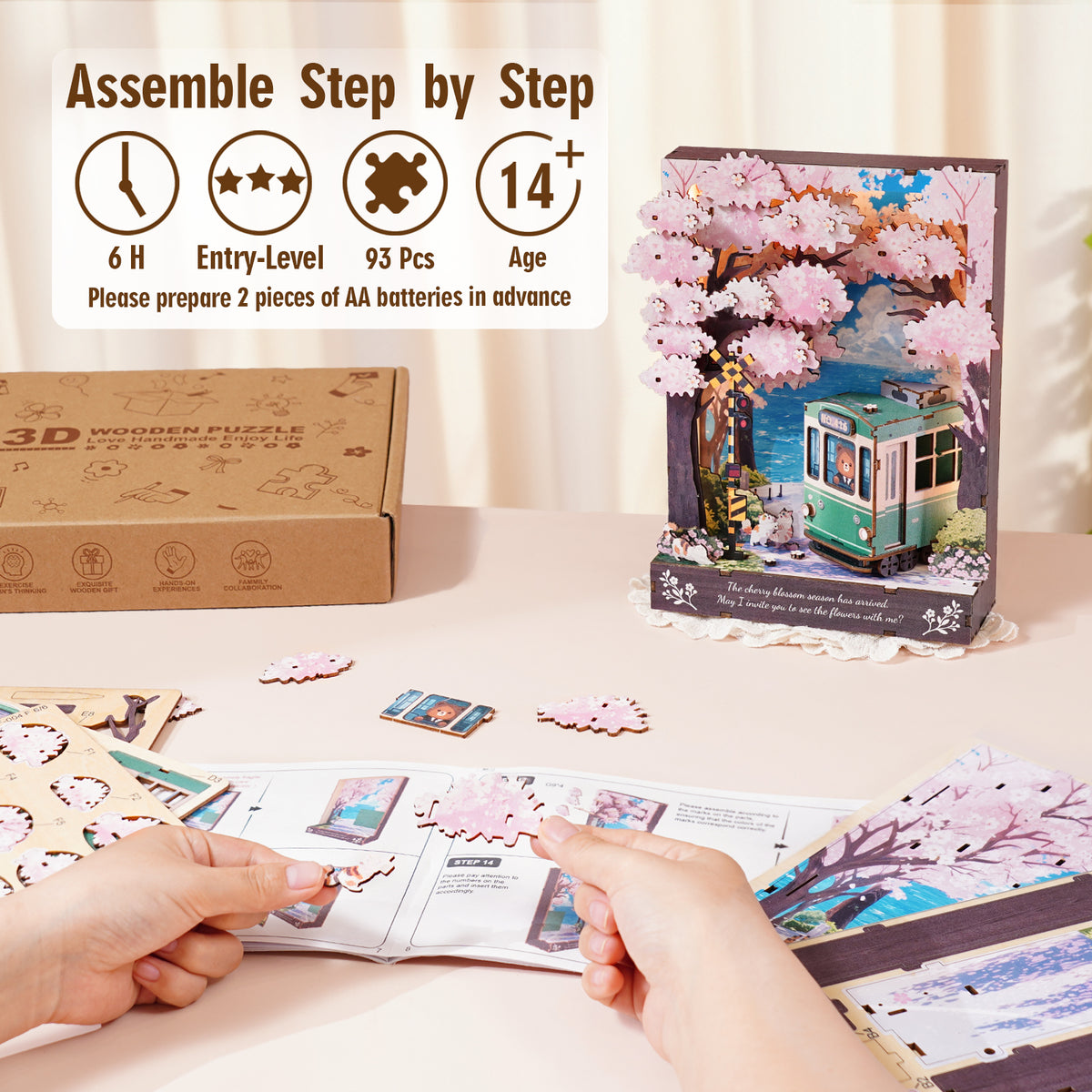 Sakura Journey 3D Wooden Puzzle Painting, DIY Wall Art Craft Kit with Light