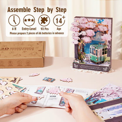 Sakura Journey 3D Wooden Puzzle Painting, DIY Wall Art Craft Kit with Light