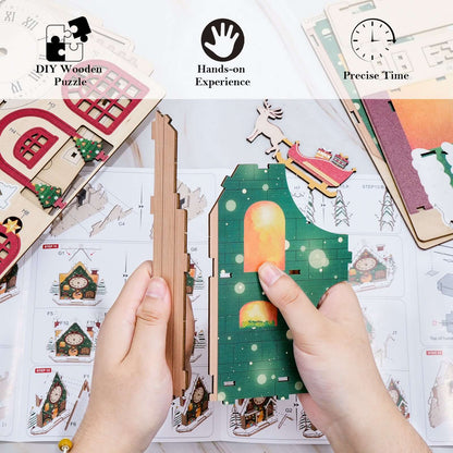 Happy Christmas 3D Wooden Puzzle Clock, Gift  for DIY Lovers, Home Decor