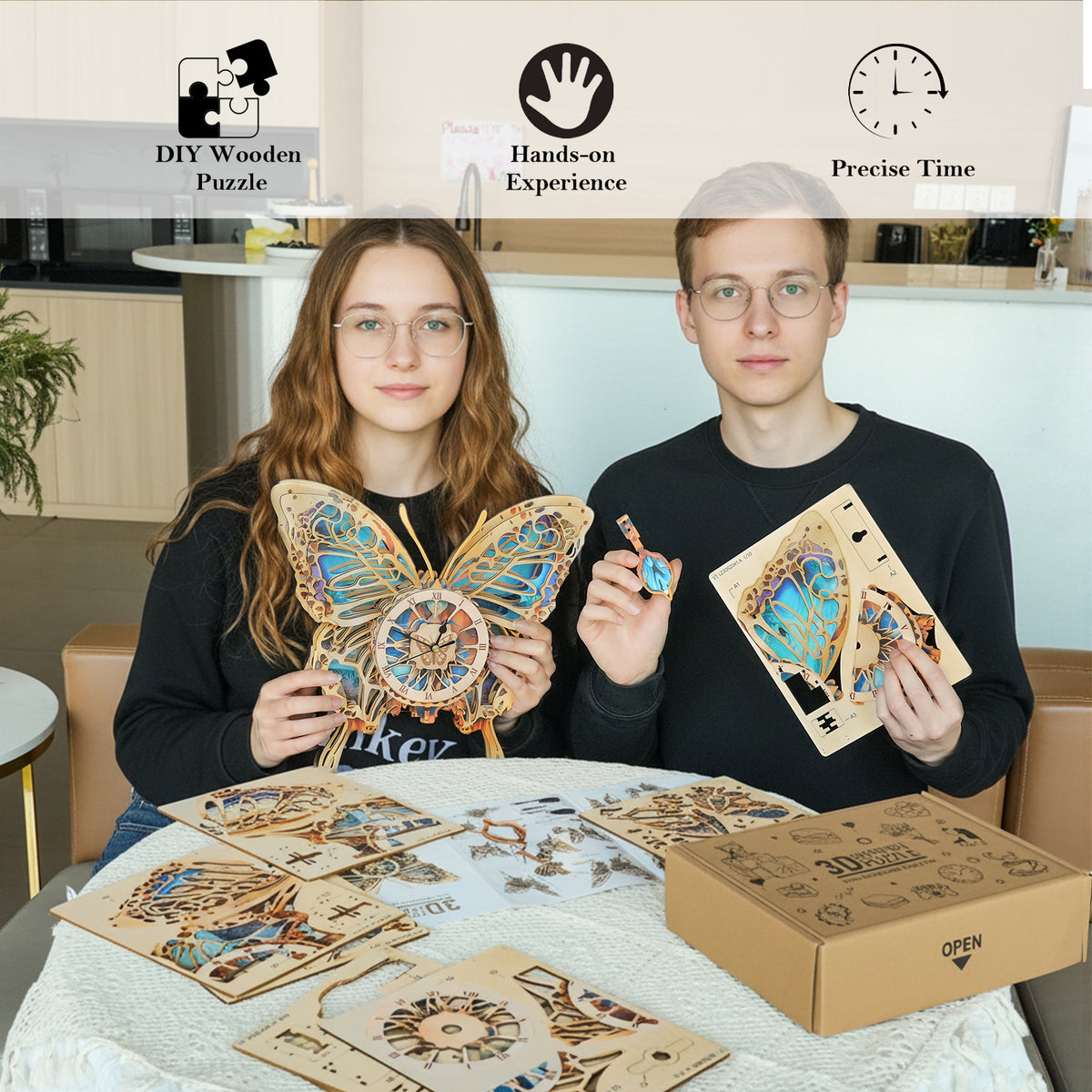 Butterfly 3D Wooden Puzzle Clock, Gift  for DIY Lovers, Home Decor