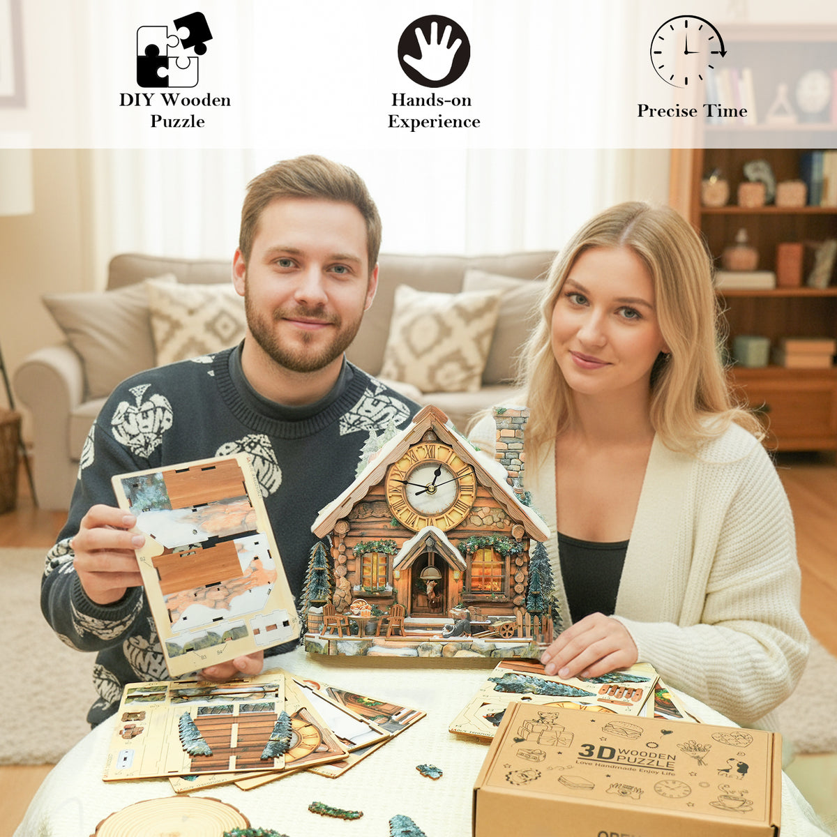 Forest Cabin 3D Wooden Puzzle Clock, Gift  for DIY Lovers, Home Decor
